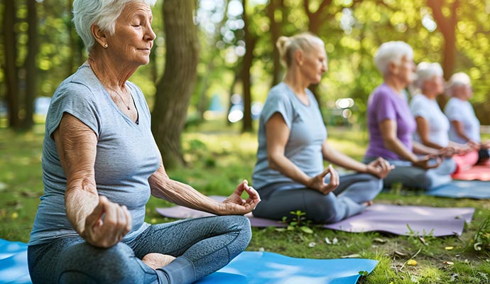 group of elderly practising yoga at the park